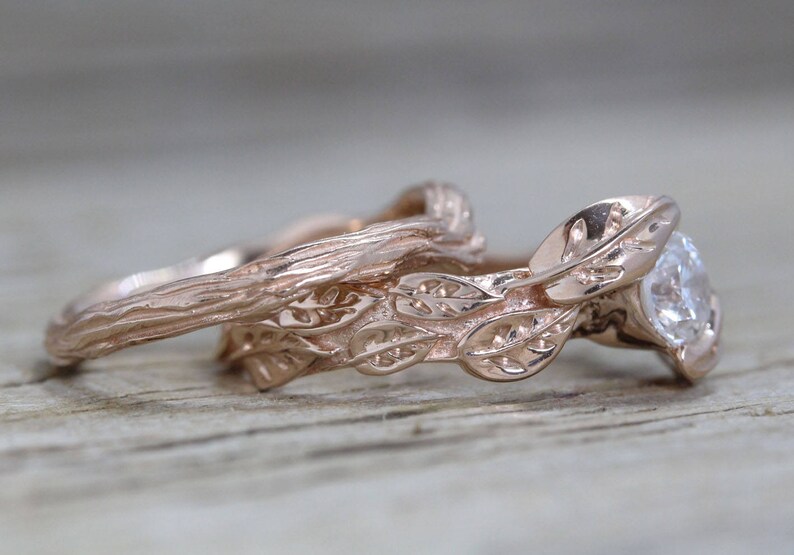 Rose Gold Leaf Bruidsset, Rose Gold Diamond Wedding Set, Diamond Engagement ring, Rose Gold Nature Ring, Leaf Ring, Leaves Engagement Ring afbeelding 4