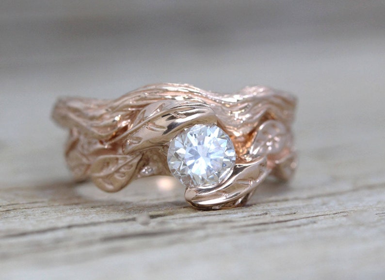 Rose Gold Leaf Bruidsset, Rose Gold Diamond Wedding Set, Diamond Engagement ring, Rose Gold Nature Ring, Leaf Ring, Leaves Engagement Ring afbeelding 1