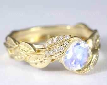 Gold Moonstone Leaf Engagement Ring: Nature Inspired Diamond Accent