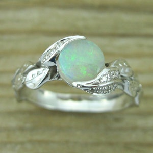 Natural Opal Leaf Engagement Ring, Leaf Opal Ring, White Gold Diamond Leaves Ring With Opal , Natural Leaves Ring, leaf ring, Natural Opal image 4