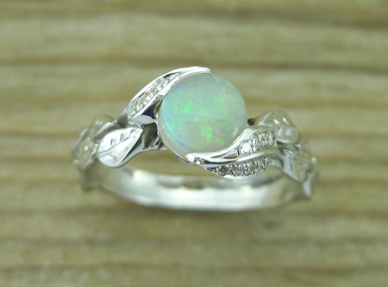 Natural Opal Leaf Engagement Ring, Leaf Opal Ring, White Gold Diamond Leaves Ring With Opal , Natural Leaves Ring, leaf ring, Natural Opal image 4