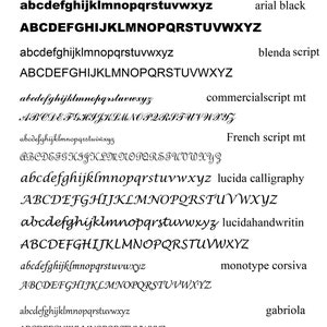 May include: A visual comparison of different fonts, including Times New Roman, Arial Black, Blenda Script, Commercialscript MT, French Script MT, Lucida Calligraphy, Lucida Handwriting, Monotype Corsiva, and Gabriola.