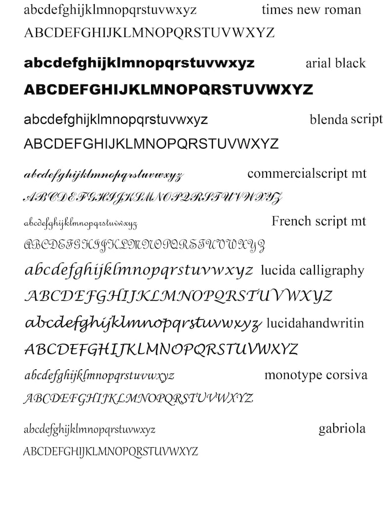 May include: A visual comparison of different fonts, including Times New Roman, Arial Black, Blenda Script, Commercialscript MT, French Script MT, Lucida Calligraphy, Lucida Handwriting, Monotype Corsiva, and Gabriola.