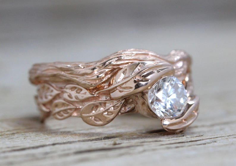 Rose Gold Leaf Bruidsset, Rose Gold Diamond Wedding Set, Diamond Engagement ring, Rose Gold Nature Ring, Leaf Ring, Leaves Engagement Ring afbeelding 3