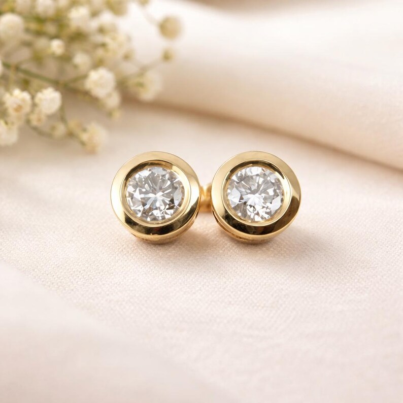 0.20ct Round Diamond Stud Earrings: 14k Solid Gold Bezel Set image 1