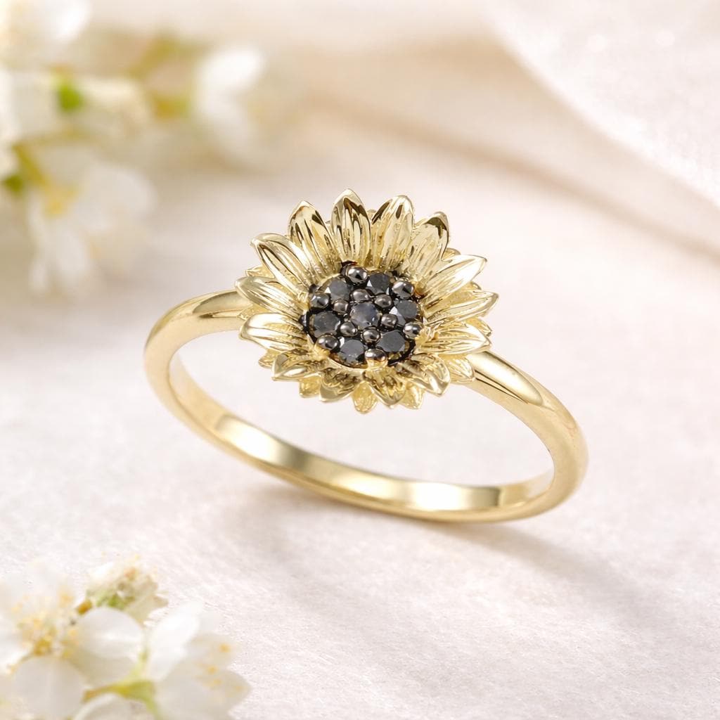 Solid Gold Sunflower Ring: Black Diamond Floral Jewelry - Etsy
