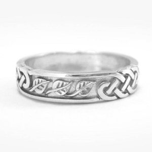 Celtic Wedding Band With Leafs, Mens Wedding Band With Leafs, Men's Wedding Ring 14k White Gold, Man Nature Leaves Wedding Band 4.5 mm Width image 3