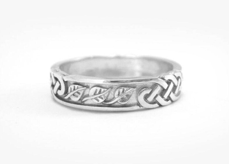 Celtic Wedding Band With Leafs, Mens Wedding Band With Leafs, Men's Wedding Ring 14k White Gold, Man Nature Leaves Wedding Band 4.5 mm Width image 3