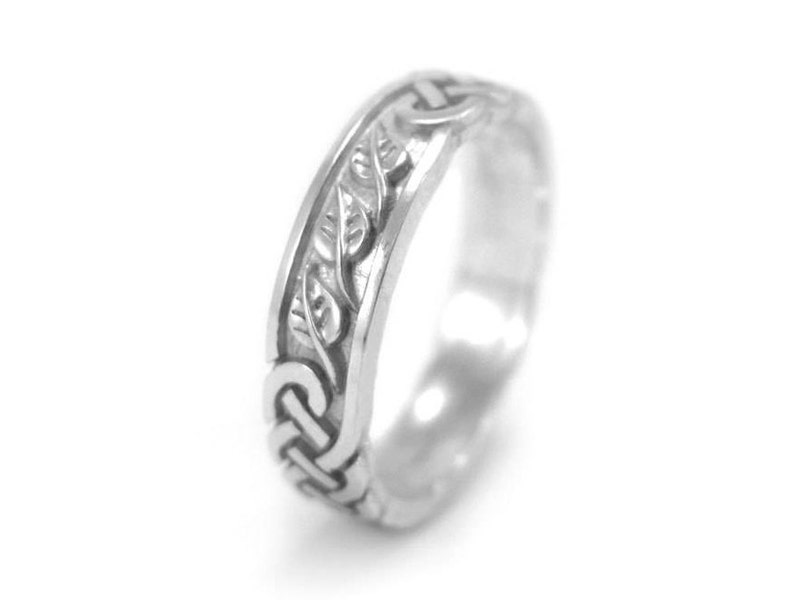 Celtic Wedding Band With Leafs, Mens Wedding Band With Leafs, Men's Wedding Ring 14k White Gold, Man Nature Leaves Wedding Band 4.5 mm Width image 5