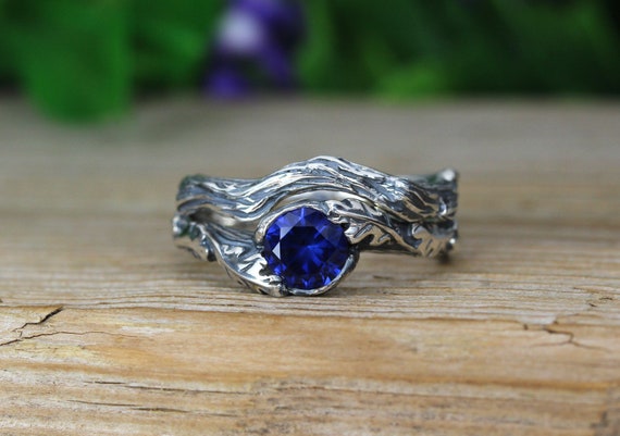 Nature Inspire Sapphire Rings Silver Set Bohemian Twig | Etsy