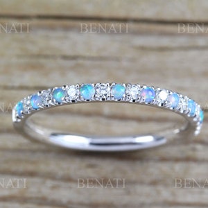 Rose Gold Thin Diamond and Opal Eternity Band, Unique Opal Ring, Eternity 2 mm Wedding Band, Thin Opal Stacking Ring image 7