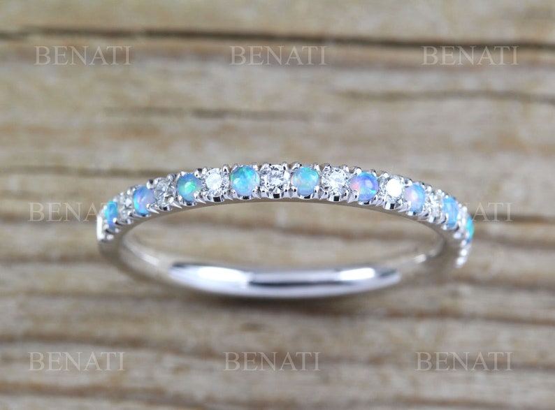 Rose Gold Thin Diamond and Opal Eternity Band, Unique Opal Ring, Eternity 2 mm Wedding Band, Thin Opal Stacking Ring image 7