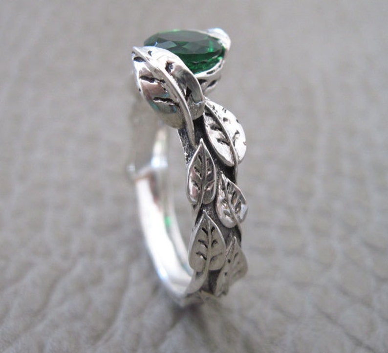 Leaf Engagement Ring, Green Stone Leaf Engagement Ring, Green Stone White Gold Engagement Ring, Gold Leaves Ring, Natural Floral Forest Ring image 6