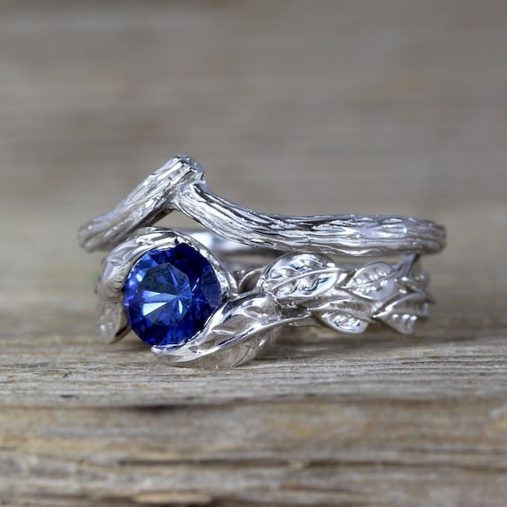 White Gold Blue Sapphire Leaf Ring Set: Nature Bridal Engagement