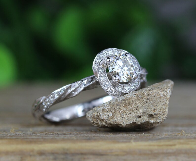 Leaf Engagement Ring Diamond Engagement Ring Halo Leaves Etsy