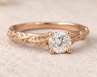 Leaf Diamond Engagement Ring 14k White Gold Botanical Nature Inspired Bridal Jewelry