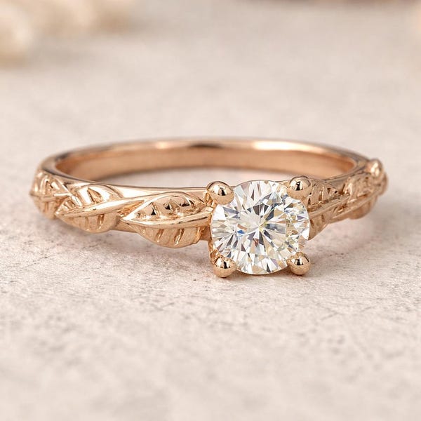 Anillo de compromiso con diamante en forma de hoja, oro blanco de 14k, joyería nupcial inspirada en la naturaleza botánica