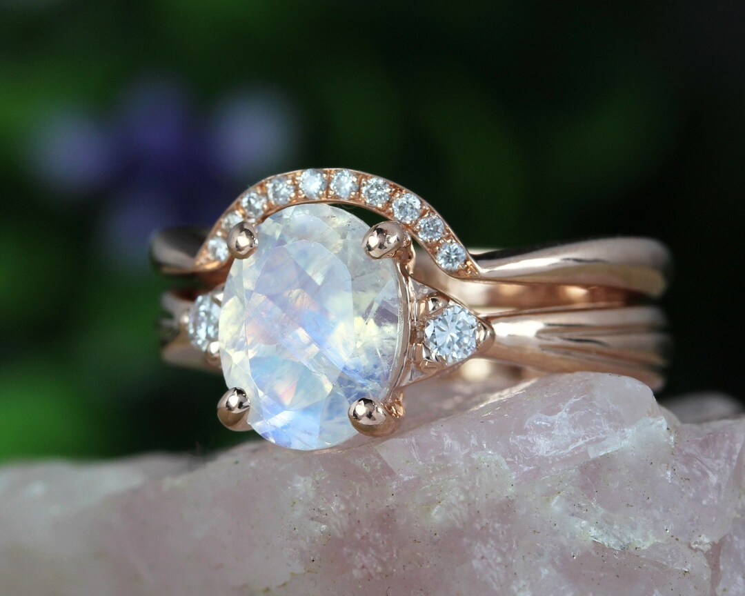 Oval Moonstone Wedding Ring Set Antique Rainbow Engagement - Etsy