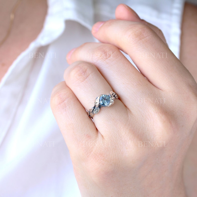 Leaf Ring With Blue Topaz Gemstone In Silver, Blue topaz Leaves Ring, Nature Friendship Ring, Silver Forest Ring, Natural Floral Silver Ring image 6