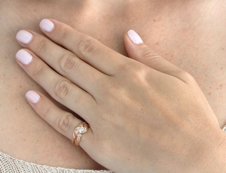 Rose Gold Leaf Bruidsset, Rose Gold Diamond Wedding Set, Diamond Engagement ring, Rose Gold Nature Ring, Leaf Ring, Leaves Engagement Ring afbeelding 7