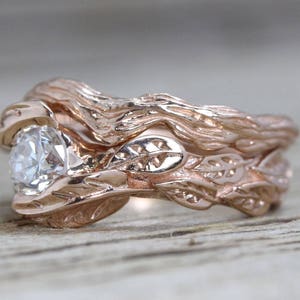Rose Gold Leaf Bruidsset, Rose Gold Diamond Wedding Set, Diamond Engagement ring, Rose Gold Nature Ring, Leaf Ring, Leaves Engagement Ring afbeelding 5