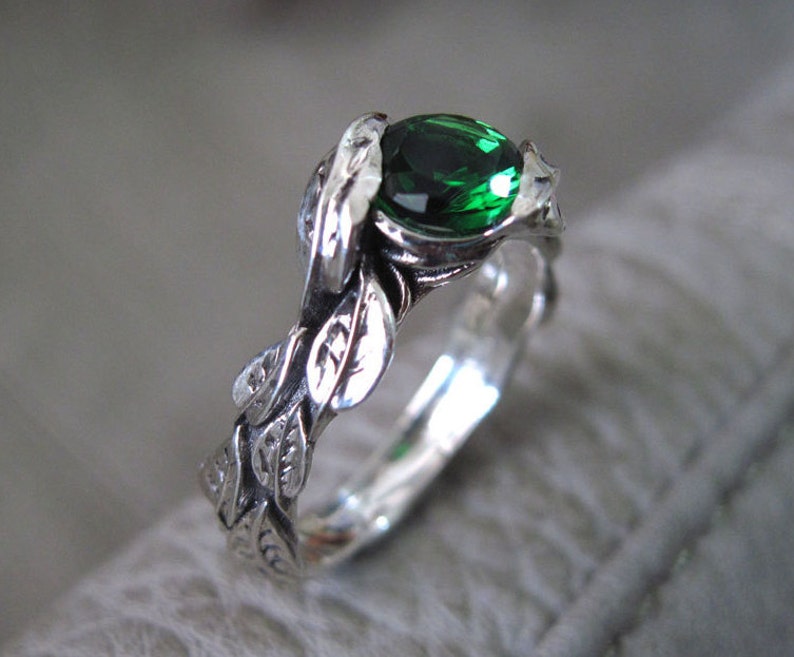 Leaf Engagement Ring, Green Stone Leaf Engagement Ring, Green Stone White Gold Engagement Ring, Gold Leaves Ring, Natural Floral Forest Ring image 5