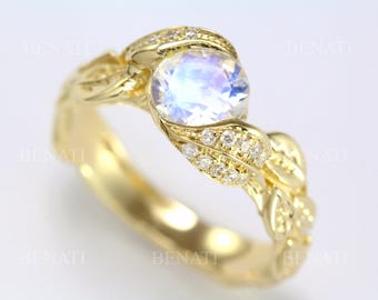 Mondstein Verlobungsring, Regenbogen Mondstein Boho Blätter Ring, Weißgold Natur Ring, Mondstein Blattring, Floral Erde Jahrestag Ring