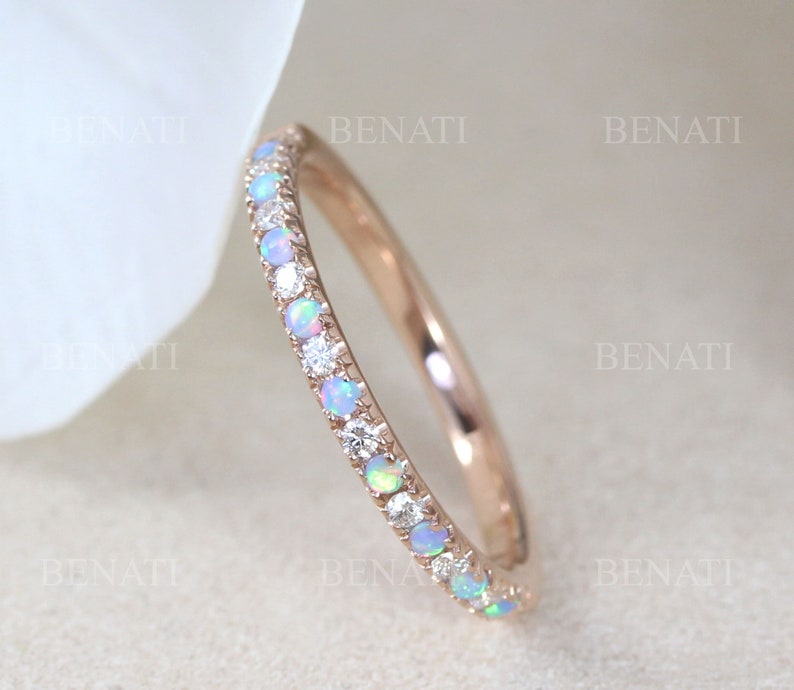 Rose Gold Thin Diamond and Opal Eternity Band, Unique Opal Ring, Eternity 2 mm Wedding Band, Thin Opal Stacking Ring image 1