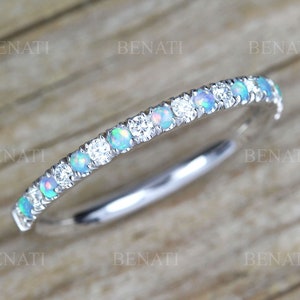 Rose Gold Thin Diamond and Opal Eternity Band, Unique Opal Ring, Eternity 2 mm Wedding Band, Thin Opal Stacking Ring image 8