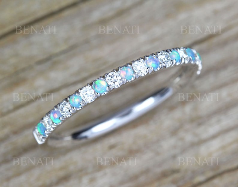 Rose Gold Thin Diamond and Opal Eternity Band, Unique Opal Ring, Eternity 2 mm Wedding Band, Thin Opal Stacking Ring image 8