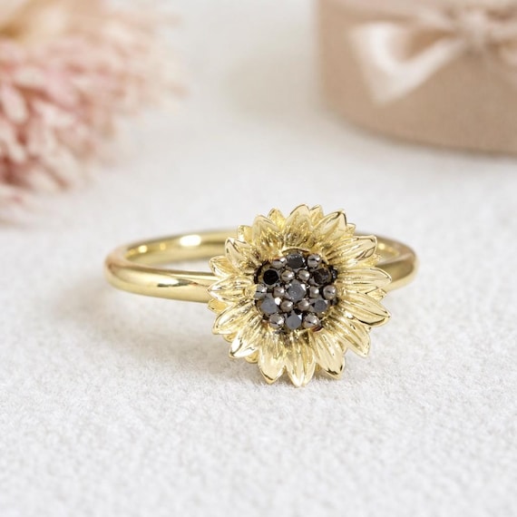 Solid Gold Sunflower Ring: Black Diamond Floral Jewelry - Etsy