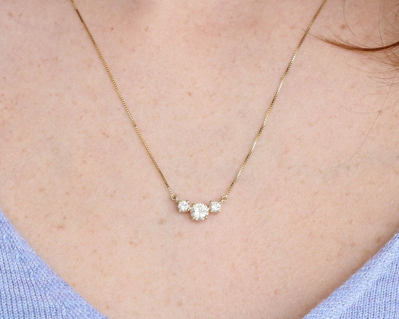 14K Solid Gold Trio Stone Necklace Three Stone Necklace Gold Etsy