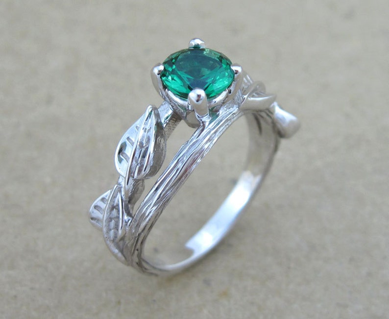 Twig Emerald Engagement Ring Bridal Wedding Ring Set, Bridal Set Leaf Twig Ring, Leaves Emerald Antique Engagement Ring, Vintage Bark Ring image 4