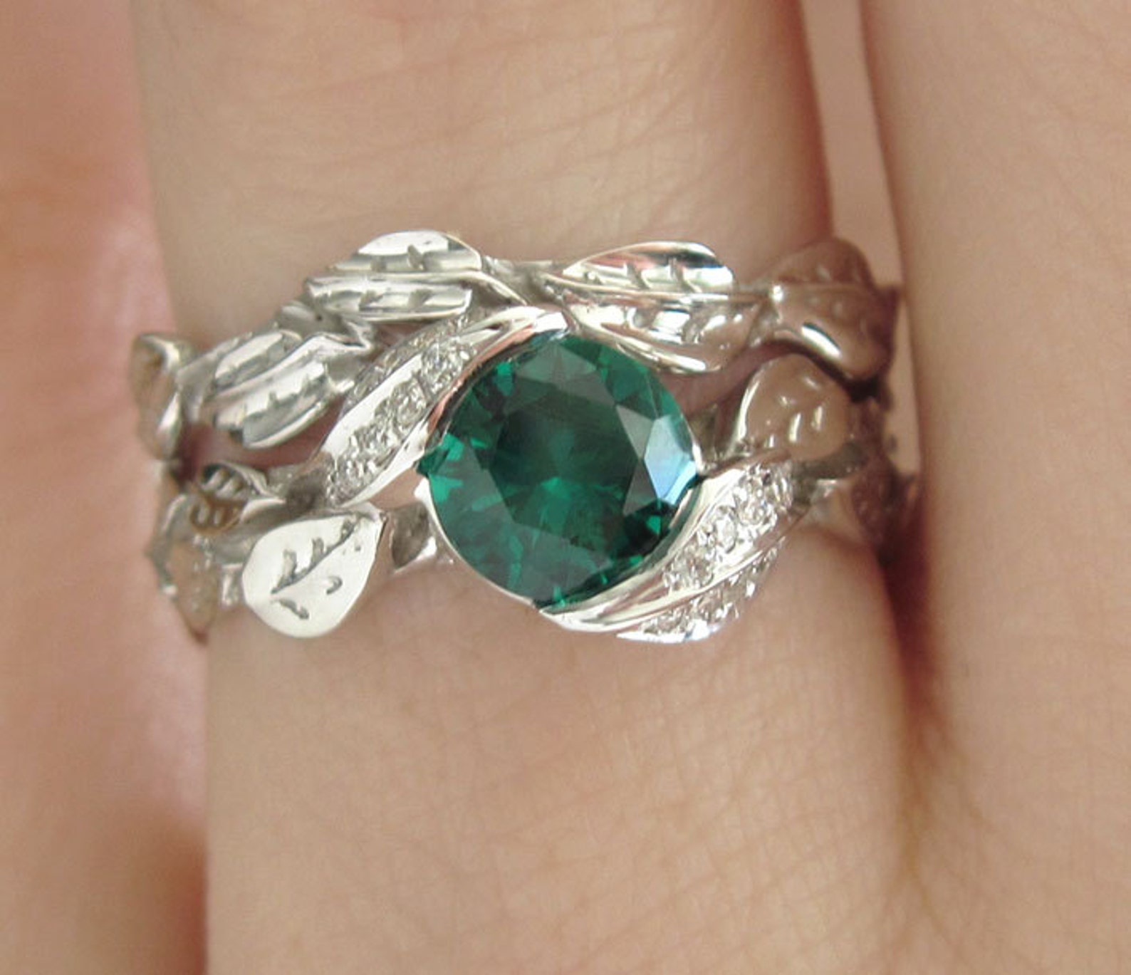 Leaf Wedding Set Leaf Engagement Ring Set Emerald Leaves Etsy