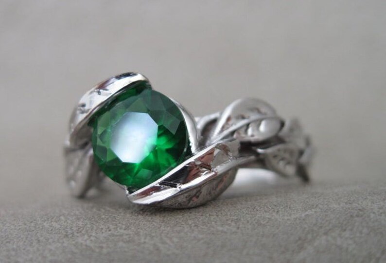 Leaf Engagement Ring, Green Stone Leaf Engagement Ring, Green Stone White Gold Engagement Ring, Gold Leaves Ring, Natural Floral Forest Ring image 3