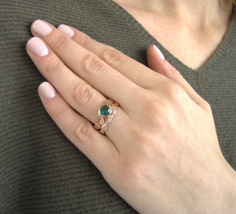 Emerald Wedding Ring Set, Leaf Ring Set Unique Wedding Ring Set, Wedding Ring Set Rose Gold, Engagement And Wedding Ring Set image 2