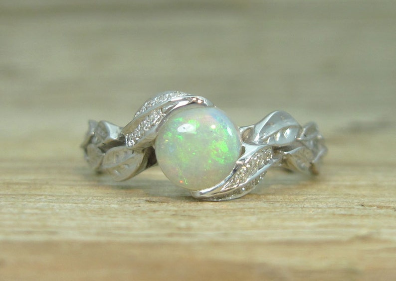 Natural Opal Leaf Engagement Ring, Leaf Opal Ring, White Gold Diamond Leaves Ring With Opal , Natural Leaves Ring, leaf ring, Natural Opal image 1