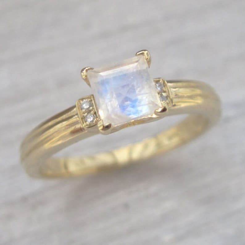 Rose Gold Moonstone Engagement Ring, Rose Gold Antique Moonstone Ring, Princess Cut Moonstone Promise Ring, Rainbow Moonstone Vintage Ring image 7