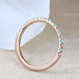 Rose Gold Thin Diamond and Opal Eternity Band, Unique Opal Ring, Eternity 2 mm Wedding Band, Thin Opal Stacking Ring image 4