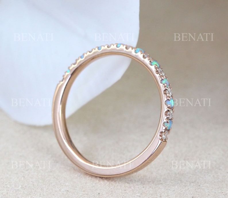 Rose Gold Thin Diamond and Opal Eternity Band, Unique Opal Ring, Eternity 2 mm Wedding Band, Thin Opal Stacking Ring image 4