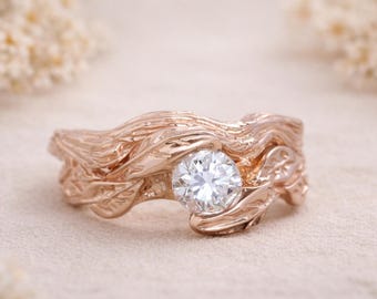 Anillo de compromiso de oro rosa con hojas de diamantes: Alianza de boda natural