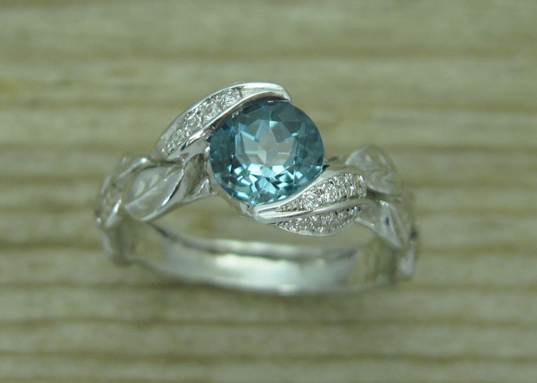 London Blue Topaz Leaf Engagement Ring With Diamonds White - Etsy