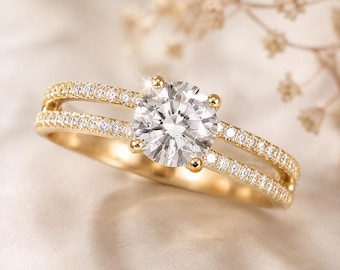 Lab Grown Diamond Engagement Ring, 14K Yellow Gold Diamond Ring, Double Band Bridal Ring, Minimalist Promise Ring for Women