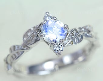 Mondstein Blatt Verlobungsring - Botanische Blätter Ring mit natürlichen Regenbogen Mondstein, Floral Natur inspiriert Ring für Boho Braut