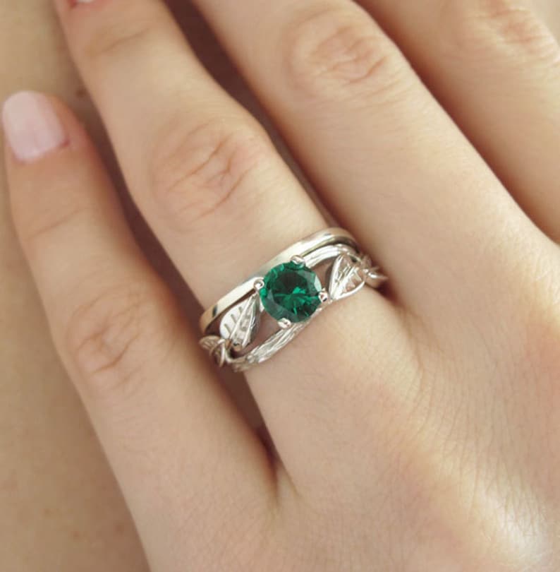 Twig Emerald Engagement Ring Bridal Wedding Ring Set, Bridal Set Leaf Twig Ring, Leaves Emerald Antique Engagement Ring, Vintage Bark Ring image 2