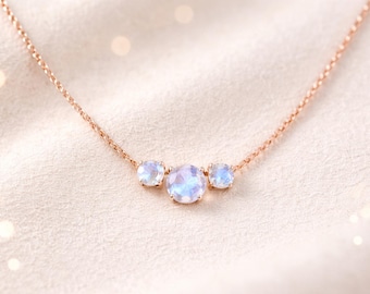 14k Gold Rainbow Moonstone Necklace: Trio Gemstone Pendant