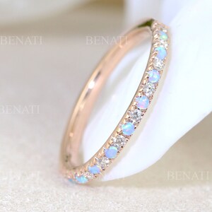 Rose Gold Thin Diamond and Opal Eternity Band, Unique Opal Ring, Eternity 2 mm Wedding Band, Thin Opal Stacking Ring image 2