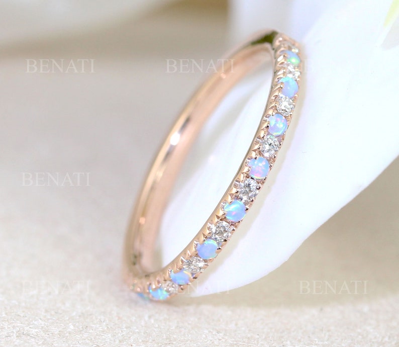 Rose Gold Thin Diamond and Opal Eternity Band, Unique Opal Ring, Eternity 2 mm Wedding Band, Thin Opal Stacking Ring image 2