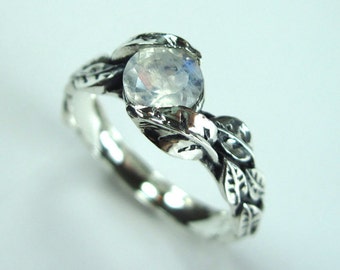 Blatt Ring mit Mondstein, Weißgold Mondstein Blatt Ring, Mondstein Blätter Ring, Wald Mondstein Ring, Natürliche Floral Mondstein Gold Ring
