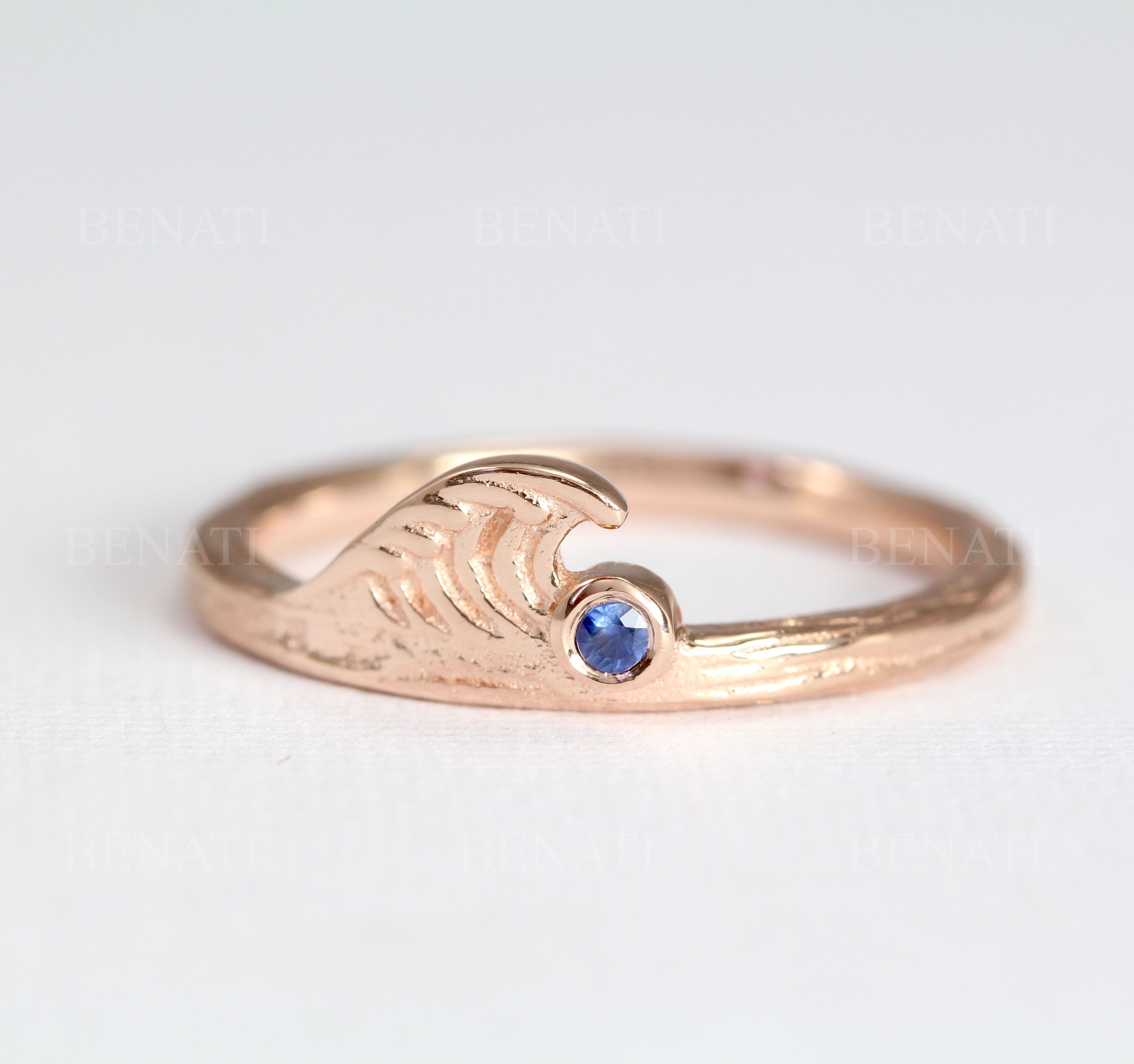 14k Gold Wave Ring With Sapphire: Ocean Beach Jewelry - Etsy